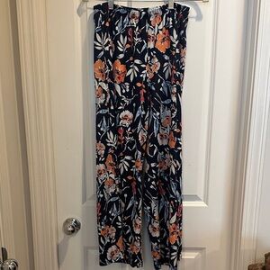 Slinky Brand Navy Wide-Leg Floral Pants with Orange & White Blooms